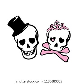 Halloween theme. Gentleman and lady skeleton icon. Smile sculls with had hat and princess crown. 