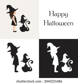 Halloween theme, girl with cat, vector artwork