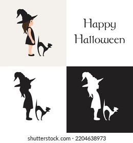 Halloween theme, girl with cat, vector artwork