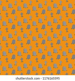 Halloween theme graveyard on orange background seamless pattern half drop repeat
