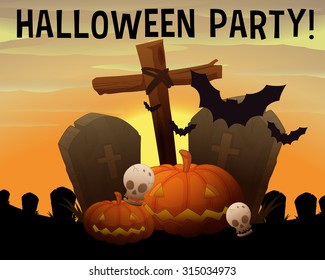 Halloween theme with graveyard and pumpkin illustration