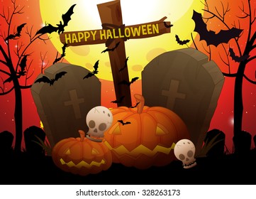 Tema de Halloween con ilustración de cementerio y calabaza