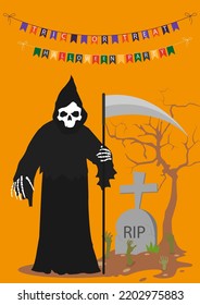 Halloween theme. Grim reaper and grave vector illustration with yellow background. Happy halloween. Trick-or-treat 