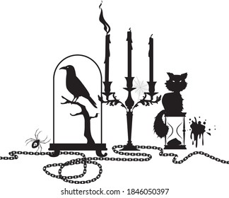Halloween Theme Header Design With A Black Cat, Candles, Taxidermy And Candles, EPS 8 Vector Illustration, No White Object