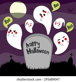 Halloween theme illustration of cute ghosts hovering over haunted cemetery tombstone on full moon night