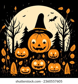 Halloween theme illustration design with pumpkins and sun on black background
