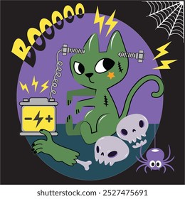 Halloween theme illustration main character is Frankenstein cat charging high voltagethe to brain, decorated with spiders, skulls, severed hands, spider webs and Boo font.