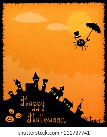 Halloween theme illustration with a merry spider greeting everyone with his fancy hat