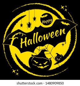Halloween theme illustration, one of the main attributes - bats, pumpkins with carved scary faces.