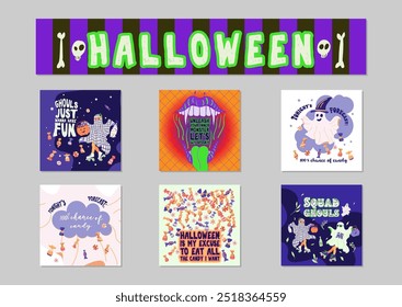 Letras de tema de Halloween. Paquete, tarjeta, fiesta del cartel, diseño de la camiseta con la calabaza, caramelos, fantasmas, personajes del vampiro con la boca abierta, lengua larga, colmillos. Ilustración vectorial eps10