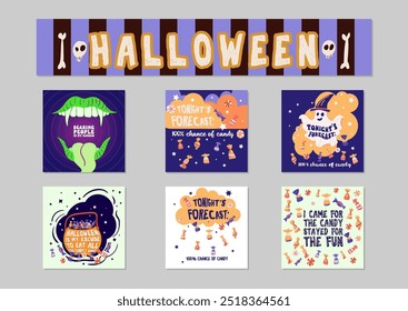 Letras de tema de Halloween. Pacote, cartão, festa do cartaz, design de t-shirt com abóbora, doces, fantasmas, personagens vampiros com boca aberta, língua longa, presas. Ilustração vetorial eps10