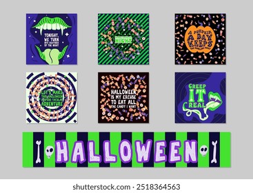 Letras de tema de Halloween. Paquete, tarjeta, fiesta del cartel, diseño de la camiseta con la calabaza, caramelos, fantasmas, personajes del vampiro con la boca abierta, lengua larga, colmillos. Ilustración vectorial eps10