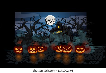 Halloween theme with lit pumpkins on dark background, old creepy house, dark trees, fog, full moon and bats