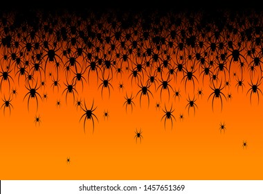 Halloween theme Many black spiders on an orange background Header Creative design of web site banner poster template card Halloween party invitations Bright background with black spiders Vector art