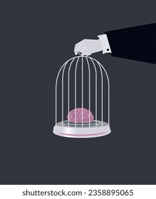 Halloween theme, Halloween menu. Brain in a cage, brain on a plate. Unusual Halloween Card Hand holding a birdcage with a brain in it