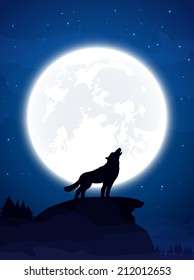 Halloween theme, night background with wolf and Moon, illustration.