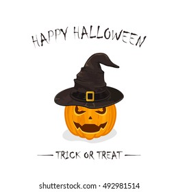 Halloween theme, orange pumpkin in black witch hat with golden buckle isolated on white background, inscription Happy Halloween and trick or treat, illustration.
