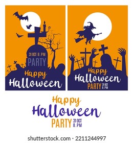 Halloween theme party vector. The panoramic silhouette of the cemetery under the moon Landscape with graves and crosses. Spooky illustration Vector illustration