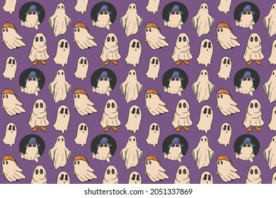 Halloween theme pattern with cute ghost illustration on purple background