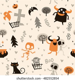 Halloween theme pattern, Cute skeletons and monsters in a forest. Mexican day of the dead theme. Flat Vector illustration