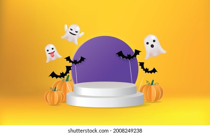Halloween theme podium stage scene decorated with pumpkin, bat, and cute ghost. Realistic vector design