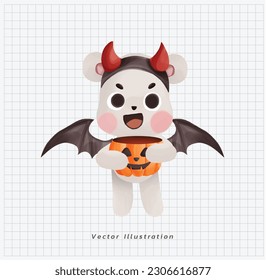 Halloween theme. polar bear in halloween costume devil horn and wing holding pumpkin bucket. cartoon character doodle illustration