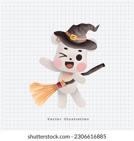 Halloween theme. polar bear wear witch hat and holding broom. cartoon character doodle illustration