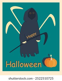 Halloween theme postcard with a pumpkin and death with a scythe and inscriptions. Isolated vector picture on a blue-green and yellow background, vektor.