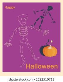 Halloween theme postcard with a pumpkin and skeleton silhouette and inscriptions. Isolated vector image on purple and yellow background, vektor.