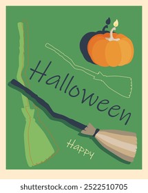 Halloween theme postcard with pumpkin, witch's broom and inscriptions. Isolated vector picture on a green and yellow background, vektor.