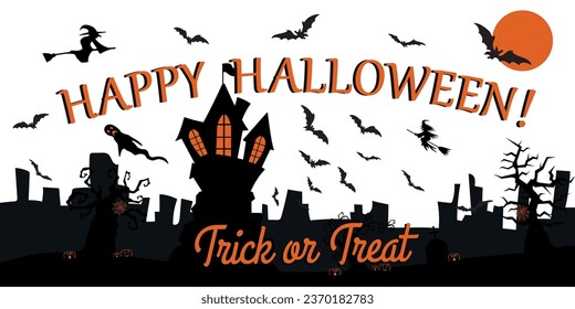 Fondo de afiche temático de Halloween con castillo de casa, murciélago, bruja, cementerio y ciudad. Colorida con ilustración vectorial en blanco y negro anaranjado.