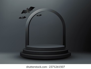 Halloween theme product display 3D black podium decoration with black rounded line and bat shape paper cut elements on dark wall background. Halloween concept, product display. Vector illustration