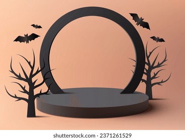 Halloween theme product display 3D black podium decoration with circle, black dead tree and bats on beige wall background. Halloween concept, product display, mockup, showroom. Vector illustration