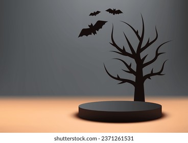 El producto temático de Halloween muestra la decoración de podio negro en 3D con árbol negro muerto y murciélagos sobre fondo de pared gris. concepto de Halloween, presentación de productos, maquillaje, escaparate, escaparate, escaparate. Ilustración del vector