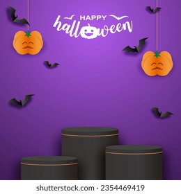 Presentación de productos temáticos de Halloween. Diseño con calabaza sobre fondo morado. vector.
