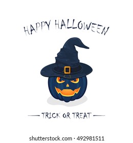 Halloween theme, pumpkin in black witch hat with golden buckle isolated on white background, inscription Happy Halloween and trick or treat, illustration.