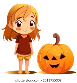 Halloween Theme Pumpkin Girl Jack-o-lantern. Vector illustration pictures for postcards of Halloween greetings for girls and boys. as well as for the design of websites and business cards related to