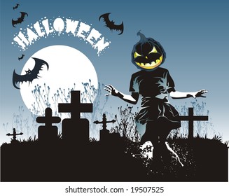  Halloween theme with pumpkin head kid in the cemetery under the moon and bats vector illustration