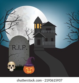 Halloween theme. pumpkin, tree and castle on moon night. vector illustration