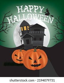 Halloween theme. pumpkin, tree and castle on moon night. vector illustration