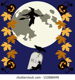 Halloween theme with pumpkins, autumnal leaves, flying witch, tombstone, raven and black cat