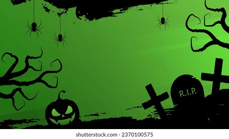 Halloween theme scary banner with traditional Halloween holiday spooky symbols for invitations and greetings designs. Black and green colors. Vector illustration.