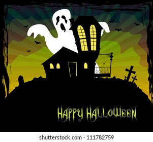 Halloween theme with a scary house and a ghost standing behind, vector, EPS 10