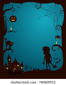 Halloween theme scary poster with cat scared by monster with ax surrounded by glowing pumpkins. Vector illustration with spooky castle on background