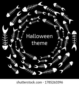 tema de halloween. escuela de esqueletos de peces blancos flotando en un círculo sobre un fondo negro. ilustración horrible