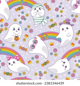 Halloween theme seamless pattern with cute ghosts. Boho, hippie style, rainbow, flowers, candies. Vector illustration.