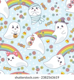 Halloween theme seamless pattern with cute ghosts. Boho, hippie style, rainbow, flowers, candies. Vector illustration.