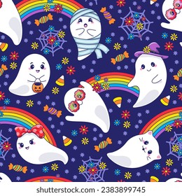 Halloween theme seamless pattern with cute ghosts. Boho, hippie style, rainbow, flowers, candies. Vector illustration.