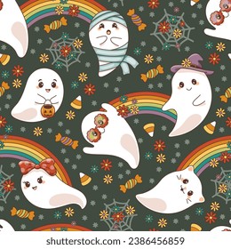 Halloween theme seamless pattern with cute ghosts. Boho, hippie style, rainbow, flowers, candies. Vector illustration.