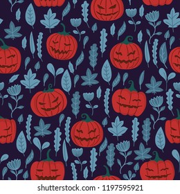 halloween theme seamless pattern design with colorful pumpkin and leaf shape element
